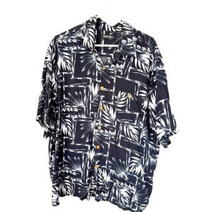 Puritan Hawaiian Button Up Shirt XL Blue and White Bamboo and Palm Print